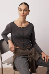 TRENDYOLMİLLA Anthracite Transaparan ribbed Regular/Normal Pattern Crop Knitting Blouse