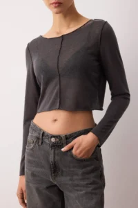 TRENDYOLMİLLA Anthracite Transaparan ribbed Regular/Normal Pattern Crop Knitting Blouse - Image 3