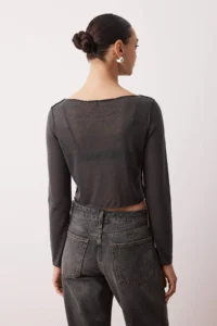 TRENDYOLMİLLA Anthracite Transaparan ribbed Regular/Normal Pattern Crop Knitting Blouse - Image 4
