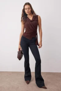 TRENDYOLMİLLA Brown Drape Detailed Off-Shoulder Neck Long Sleeve Knitting Blouse - Image 2
