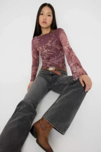 TRENDYOLMİLLA Teen Shawl Patterned Boat Neck Asymmetric Detailed Fitted Flexible Knitting Tulle Blouse - Image 2