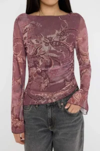 TRENDYOLMİLLA Teen Shawl Patterned Boat Neck Asymmetric Detailed Fitted Flexible Knitting Tulle Blouse - Image 3