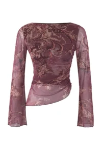TRENDYOLMİLLA Teen Shawl Patterned Boat Neck Asymmetric Detailed Fitted Flexible Knitting Tulle Blouse - Image 5