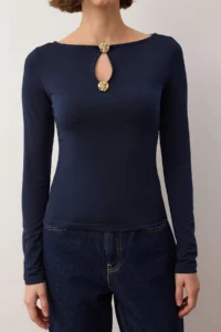 TRENDYOLMİLLA Navy Blue Fitted/Cut Out Detailed Long Sleeve Flexible Knitting Blouse - Image 3