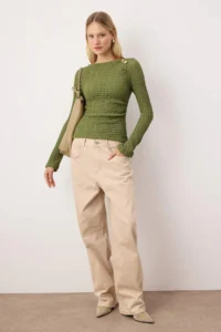 TRENDYOLMİLLA Khaki Fitted Accessory Detailed textured Long Sleeve Flexible Knitting Blouse - Image 2