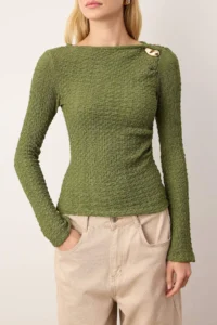 TRENDYOLMİLLA Khaki Fitted Accessory Detailed textured Long Sleeve Flexible Knitting Blouse - Image 3