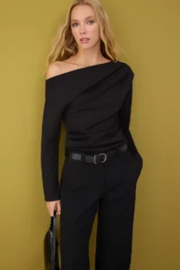 TRENDYOLMİLLA Black Ruffle/Drape Detailed Flowy Asymmetric Collar Knitting Blouse