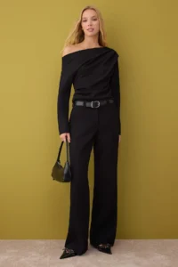TRENDYOLMİLLA Black Ruffle/Drape Detailed Flowy Asymmetric Collar Knitting Blouse - Image 2