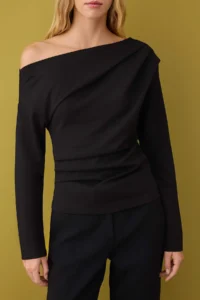 TRENDYOLMİLLA Black Ruffle/Drape Detailed Flowy Asymmetric Collar Knitting Blouse - Image 3