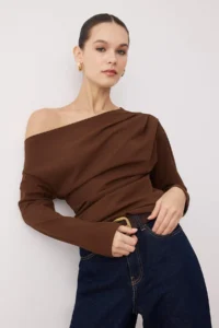 TRENDYOLMİLLA Dark Brown Ruffle/Drape Detailed Flowy Asymmetric Collar Knitting Blouse