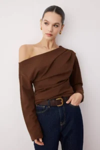 TRENDYOLMİLLA Dark Brown Ruffle/Drape Detailed Flowy Asymmetric Collar Knitting Blouse - Image 2