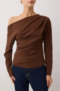 TRENDYOLMİLLA Dark Brown Ruffle/Drape Detailed Flowy Asymmetric Collar Knitting Blouse - Image 3