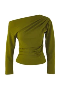 TRENDYOLMİLLA Oil Green Gathering/Drape Detailed Flowy Asymmetric Collar Knitting Blouse - Image 3