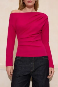 TRENDYOLMİLLA Fuchsia Ruffle/Drape Detailed Flowy Asymmetric Collar Knitting Blouse - Image 3