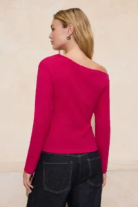TRENDYOLMİLLA Fuchsia Ruffle/Drape Detailed Flowy Asymmetric Collar Knitting Blouse - Image 4