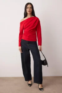 TRENDYOLMİLLA Rejection Gathering/Drape Detailed Flowy Asymmetric Collar Knitting Blouse - Image 2