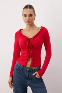TRENDYOLMİLLA Rejection Fitted Ruffle Detailed Long Sleeve Flexible Knitting Blouse