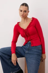TRENDYOLMİLLA Rejection Fitted Ruffle Detailed Long Sleeve Flexible Knitting Blouse - Image 2
