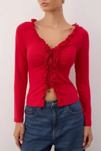TRENDYOLMİLLA Rejection Fitted Ruffle Detailed Long Sleeve Flexible Knitting Blouse - Image 3