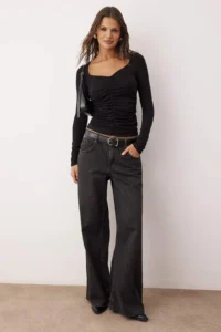 TRENDYOLMİLLA More Sustainable Black Fitted Shirred V-neck Long Sleeve Flexible Knitting Blouse - Image 2