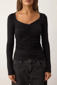 TRENDYOLMİLLA More Sustainable Black Fitted Shirred V-neck Long Sleeve Flexible Knitting Blouse - Image 3