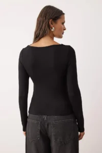 TRENDYOLMİLLA More Sustainable Black Fitted Shirred V-neck Long Sleeve Flexible Knitting Blouse - Image 4