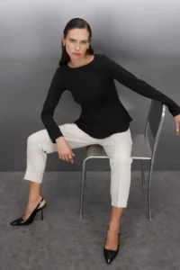 TRENDYOLMİLLA Black Boat Neck peplum/Waisted Regular Size Knitting Blouse - Image 2