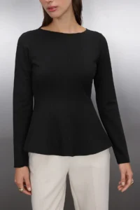 TRENDYOLMİLLA Black Boat Neck peplum/Waisted Regular Size Knitting Blouse - Image 3