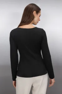 TRENDYOLMİLLA Black Boat Neck peplum/Waisted Regular Size Knitting Blouse - Image 4