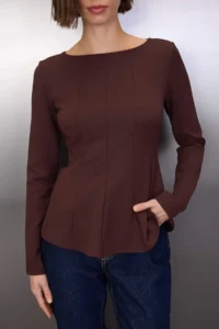 TRENDYOLMİLLA Brown Boat Neck peplum/Waisted Regular Size Knitting Blouse - Image 3