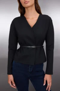 TRENDYOLMİLLA Black Belt Detailed Double breasted V-neck Flexible Knitting Blouse - Image 3
