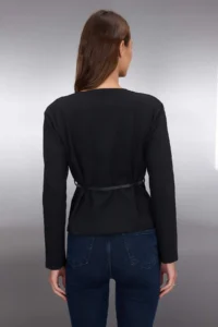 TRENDYOLMİLLA Black Belt Detailed Double breasted V-neck Flexible Knitting Blouse - Image 4