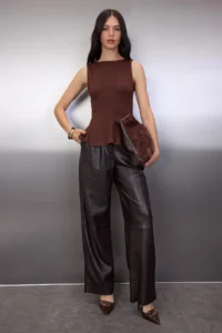 TRENDYOLMİLLA Brown Thick textured Waisted peplum Zero Sleeve Crew Neck Knitting Blouse - Image 2