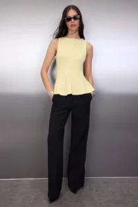 TRENDYOLMİLLA Yellow Thick textured Waisted peplum Zero Sleeve Crew Neck Knitting Blouse - Image 2