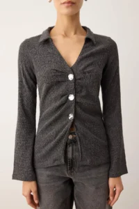 TRENDYOLMİLLA Anthracite Polo Shirt Collar Shirred buttoned Fitted Flexible Knitting Blouse - Image 3