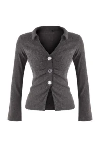TRENDYOLMİLLA Anthracite Polo Shirt Collar Shirred buttoned Fitted Flexible Knitting Blouse - Image 5