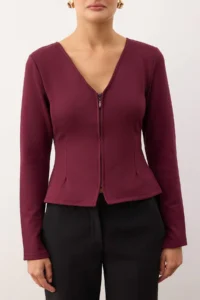 TRENDYOLMİLLA Plum Soft Touch V-neck Zippered Regular/Normal Kesim Knitting Blouse - Image 3