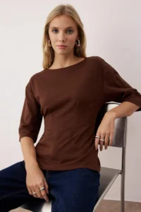 TRENDYOLMİLLA Brown interlock peplum/Flexible Knitting Blouse