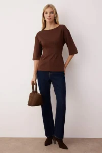 TRENDYOLMİLLA Brown interlock peplum/Flexible Knitting Blouse - Image 2
