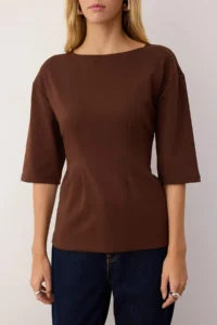 TRENDYOLMİLLA Brown interlock peplum/Flexible Knitting Blouse - Image 3