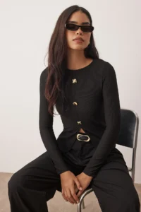 TRENDYOLMİLLA Black ottoman Dog collar buttoned Long Sleeve Fitted Knitting Blouse