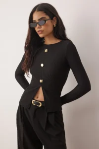 TRENDYOLMİLLA Black ottoman Dog collar buttoned Long Sleeve Fitted Knitting Blouse - Image 2