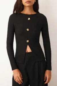TRENDYOLMİLLA Black ottoman Dog collar buttoned Long Sleeve Fitted Knitting Blouse - Image 3