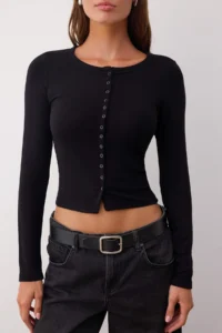 TRENDYOLMİLLA Black Front Full snaps Fitted Knitting Blouse - Image 3