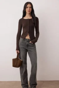 TRENDYOLMİLLA Dark Brown Front Full snaps Fitted Knitting Blouse - Image 2
