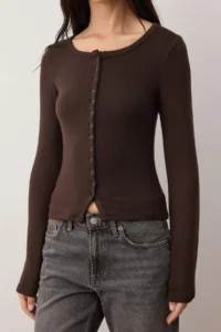 TRENDYOLMİLLA Dark Brown Front Full snaps Fitted Knitting Blouse - Image 3