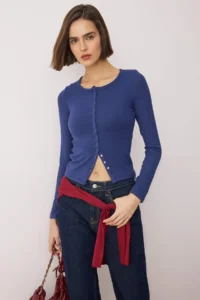 TRENDYOLMİLLA Navy Blue Front Full snaps Fitted Knitting Blouse