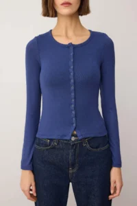 TRENDYOLMİLLA Navy Blue Front Full snaps Fitted Knitting Blouse - Image 3