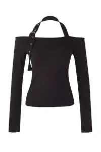 TRENDYOLMİLLA Black Neck Accessory Belt Detailed Fitted Knitting Blouse - Image 5