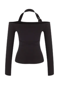 TRENDYOLMİLLA Black Neck Accessory Belt Detailed Fitted Knitting Blouse - Image 6